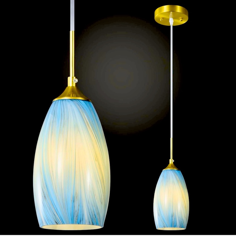 Light Blue Swirl Blown Glass Pendant Light